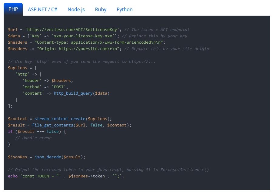 The encleso sample page shows a possible integration of the scan component in a website.